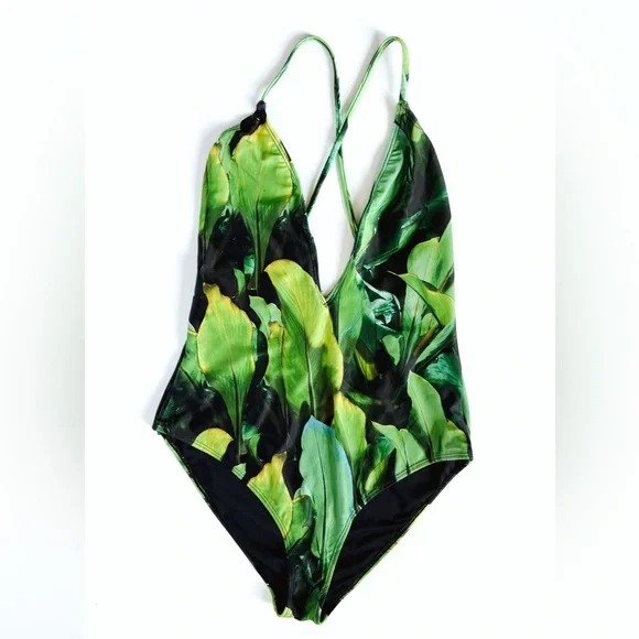 Forever 21 Tropical Green Plunge Neckline One Piece Swimsuit - Size Medium - Picture 4 of 5